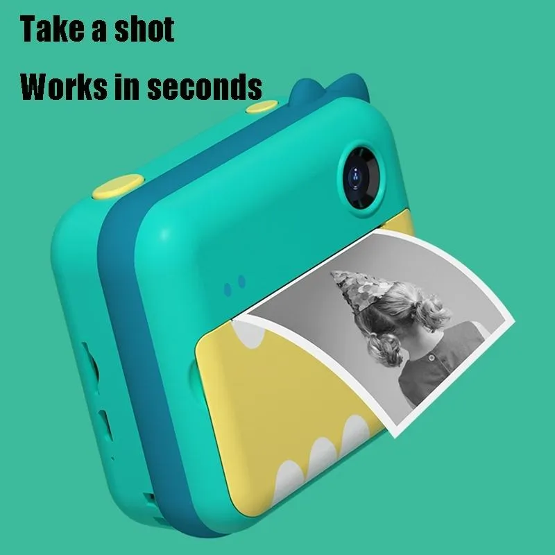 Children's Instant Camera with Dual-lens and Mini Print - Green Dinosaur - Green Dinosaur 16Gb