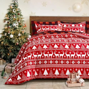 Christmas Bed in a Bag Red Deer with Snowflake Queen Size 7 Pieces Comforter Set Holiday Style - Soft Reversible Bed Duvet Set (1 Comforter 2 Pillow Shams 1 Flat Sheet 1 Fitted Sheet 2 Pillowcases)