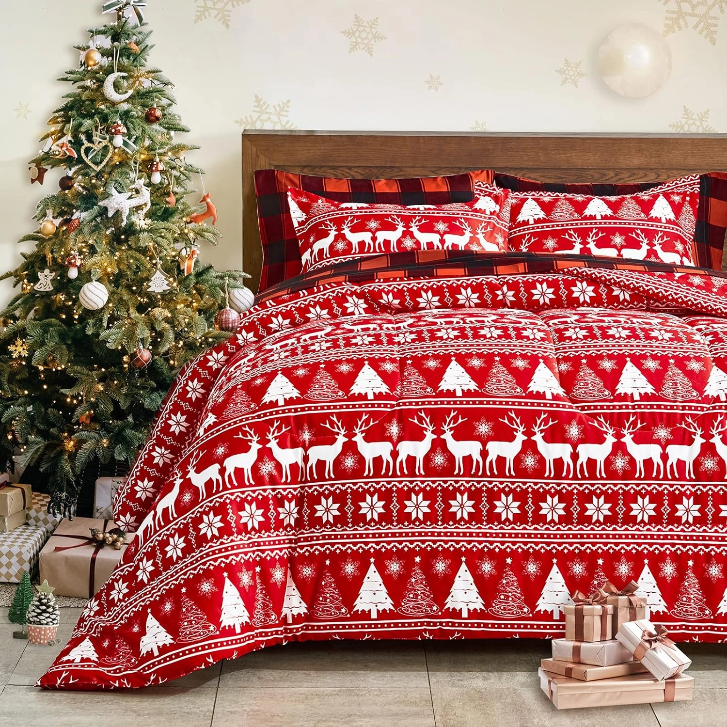Christmas Bed in a Bag Red Deer with Snowflake Queen Size 7 Pieces Comforter Set Holiday Style - Soft Reversible Bed Duvet Set (1 Comforter 2 Pillow Shams 1 Flat Sheet 1 Fitted Sheet 2 Pillowcases)