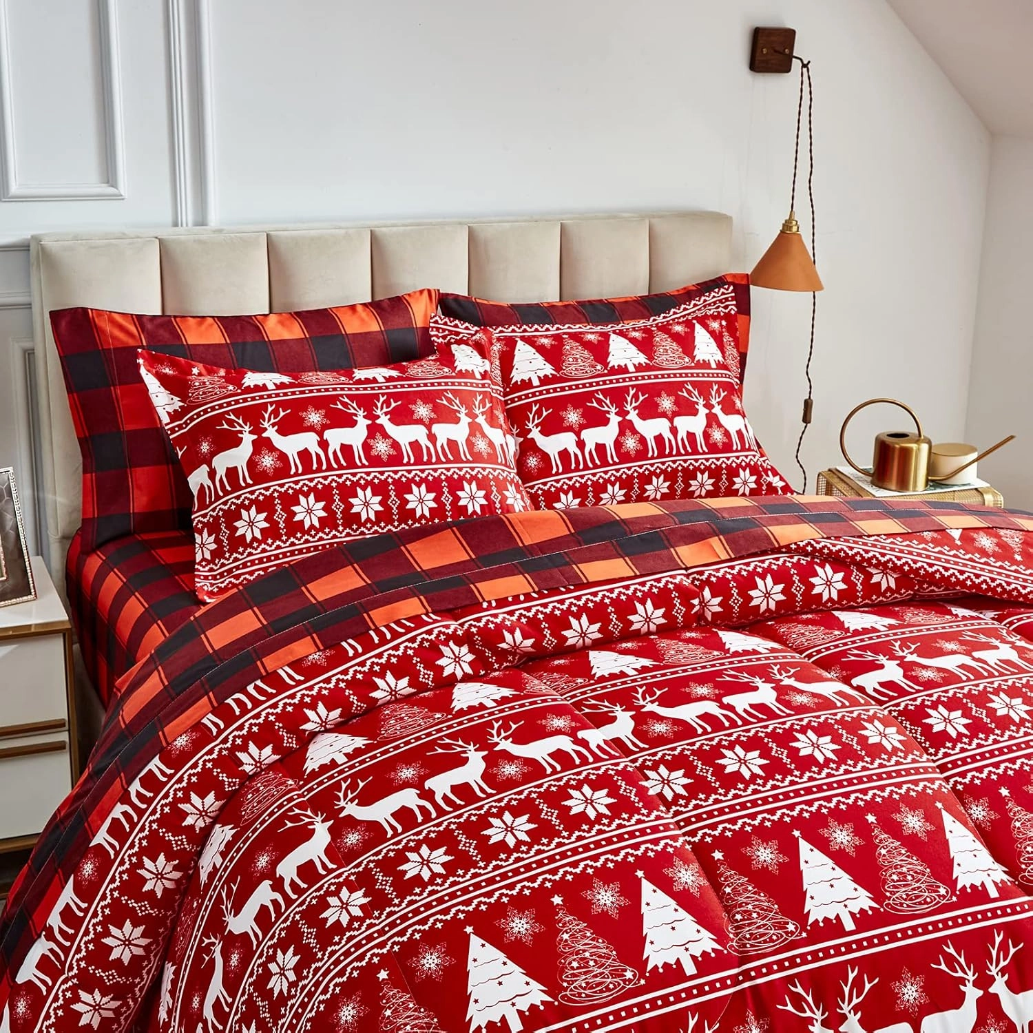 Christmas Bed in a Bag Red Deer with Snowflake Queen Size 7 Pieces Comforter Set Holiday Style - Soft Reversible Bed Duvet Set (1 Comforter 2 Pillow Shams 1 Flat Sheet 1 Fitted Sheet 2 Pillowcases)