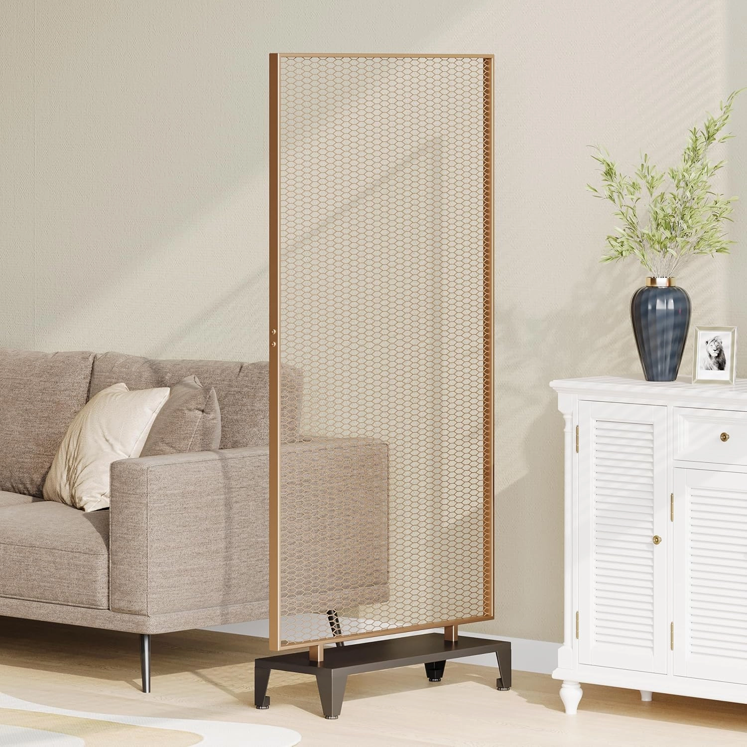 Christopher Knight Home Eldon Metal Room Divider Screen, Tall Single Panel Mesh Privacy Screen, Iron Frame and Modern Design Room Separation, Free Standing Wall Partition, Gold Brushed Brown Black