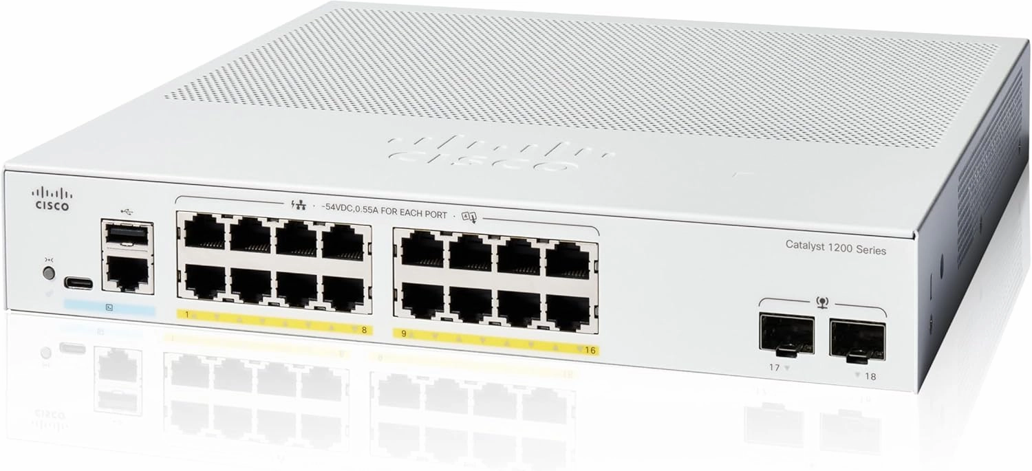 Cisco Catalyst 1200-16P-2G Smart Switch, 16 Port GE, PoE, 2x1GE SFP, Limited Lifetime Protection (C1200-16P-2G)