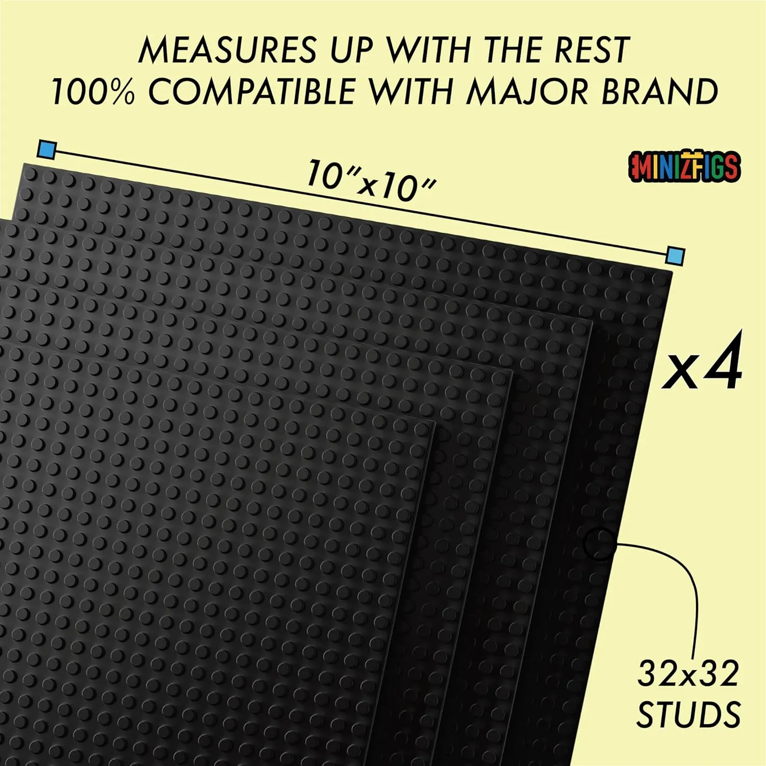 Classic 32 x 32 (10" x 10") 2-Sided Building Brick Plate - Pack of 4 Multipack for Toy Bricks, Classroom, Display Table - Compatible with All Major Brands (Black)