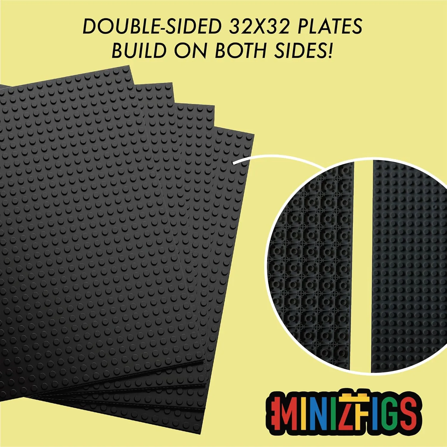 Classic 32 x 32 (10" x 10") 2-Sided Building Brick Plate - Pack of 4 Multipack for Toy Bricks, Classroom, Display Table - Compatible with All Major Brands (Black)