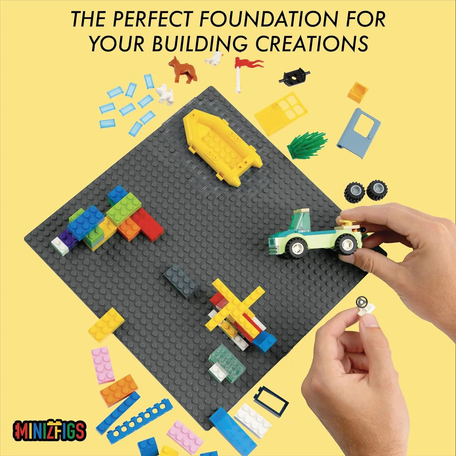 Classic 32 x 32 (10" x 10") 2-Sided Building Brick Plate - Pack of 4 Multipack for Toy Bricks, Classroom, Display Table - Compatible with All Major Brands (Black)