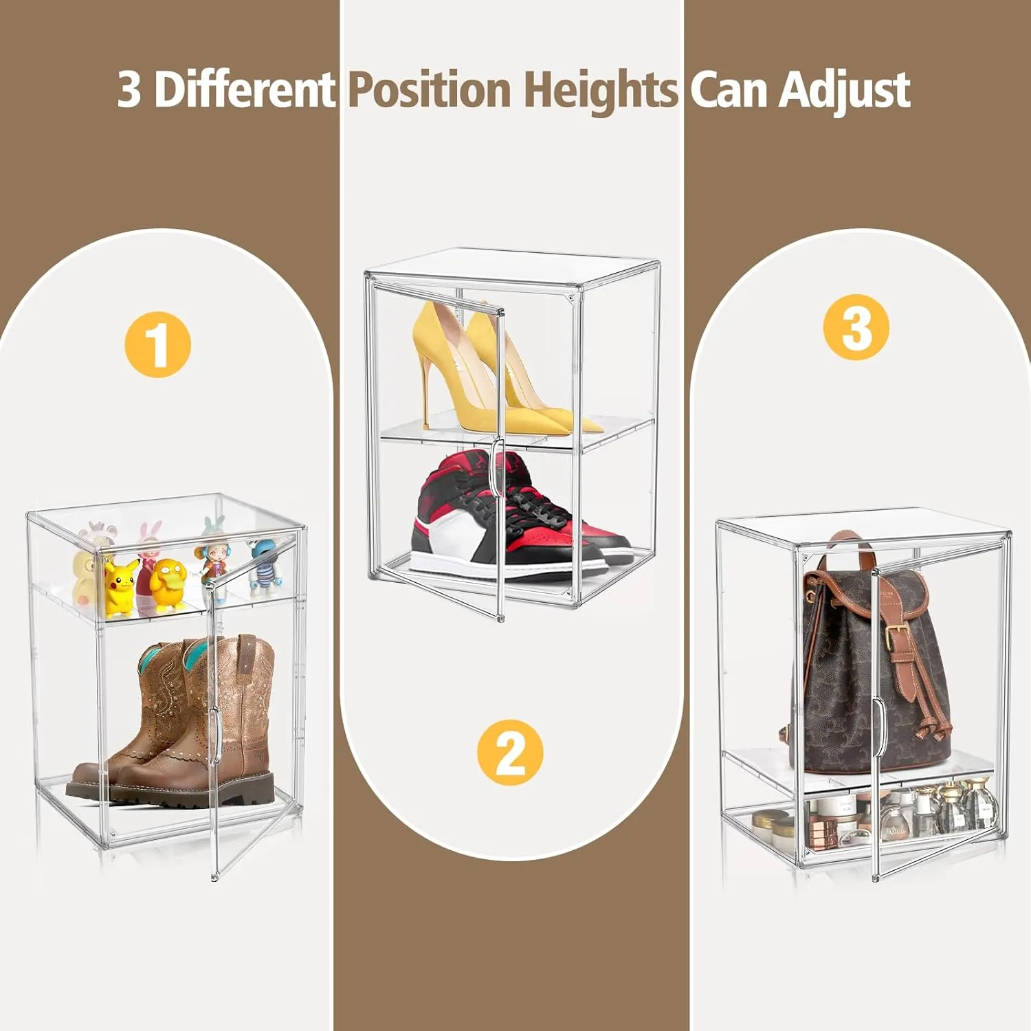 Clear Acrylic Display Case for Figures 4-Tier Collectibles Storage Box with 3 Dividers Stackable Display Stand for Action Figures, Handbag, Shoes,1 Pcs