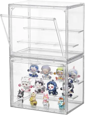 Clear Acrylic Display Case,2 Pack 3 Tier Adjustable Display Box Stand with 2 Movable Plates, Small Showcase Magnetic Door for Mini Action Figures Collectibles (Small