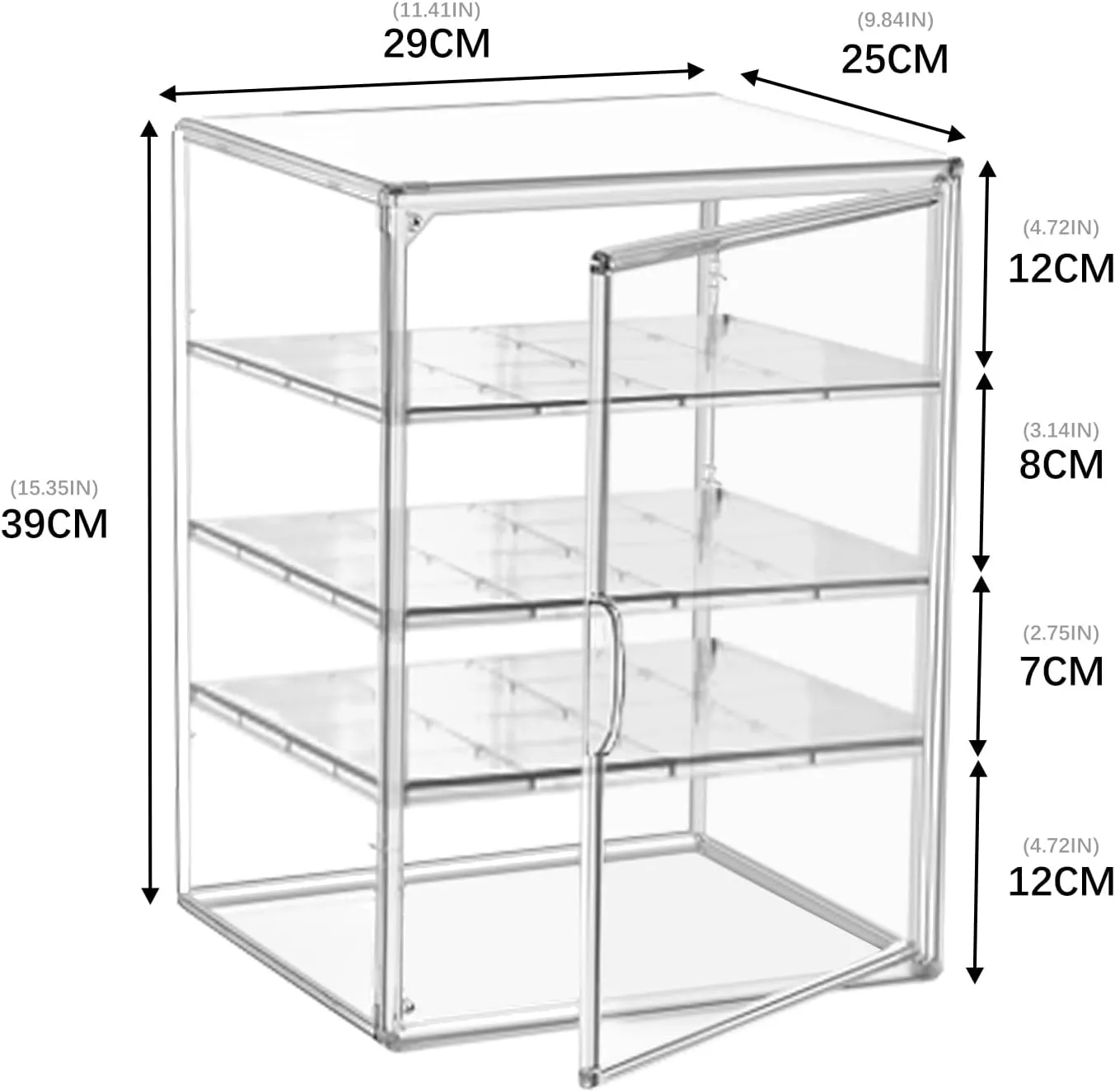 Clear Display Case for Figures 4-Tier Adjustable Showcase Acrylic Storage Box with 3 Dividers Stackable Display Stand for Collectibles, Handbag, Shoes, 2 Pcs