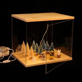 Clear Acrylic Display Case with LED Light Wood Base Assemble Box Dustproof Protection Showcase for Action Figures Toys Collectibles Room Decoration Christmas Birthday Gifts
