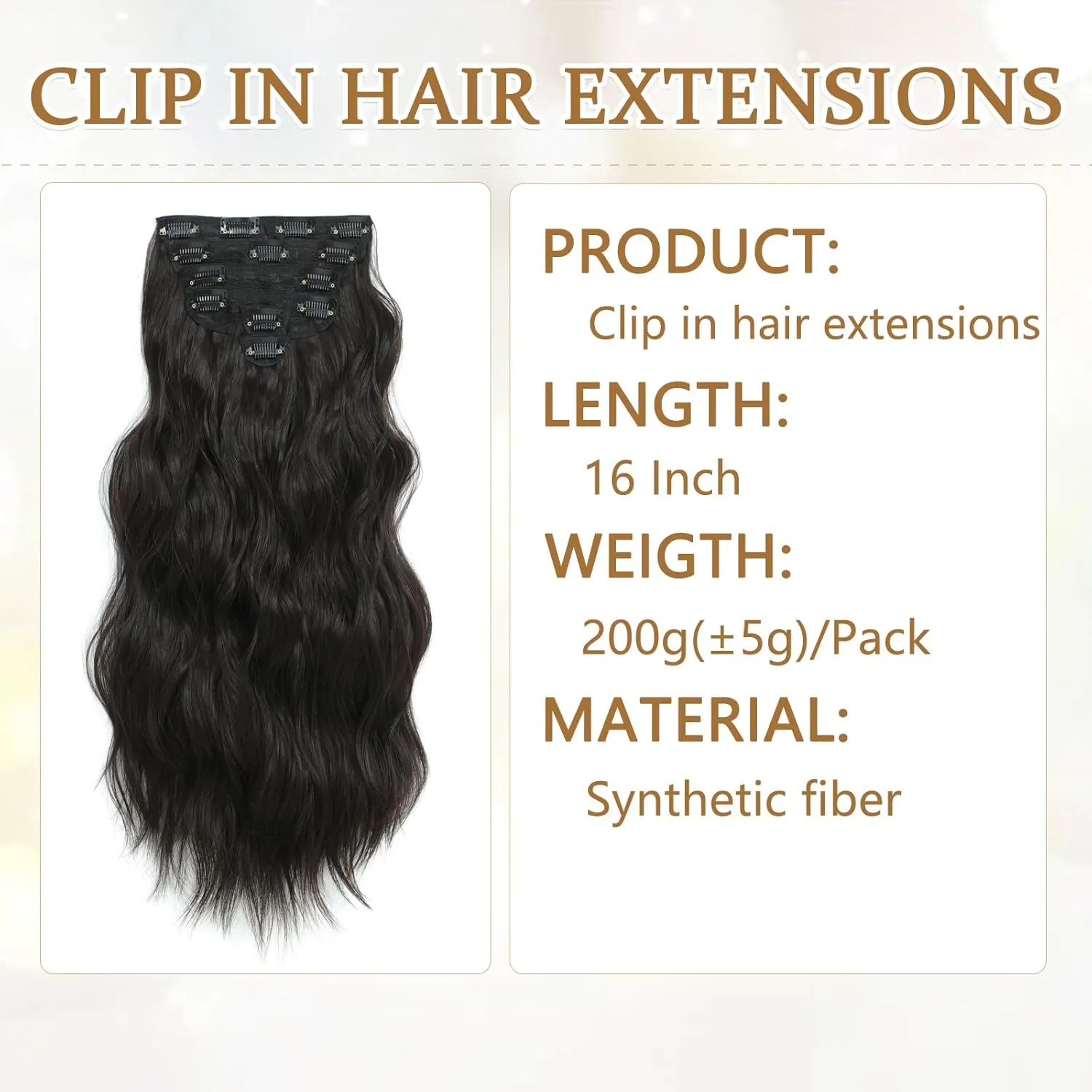 Clip in Hair Extensions for Women, 6PCS Long Wavy Curly Clip on Hair Extensions 16 Inch Dark Brown Synthetic Hairpieces