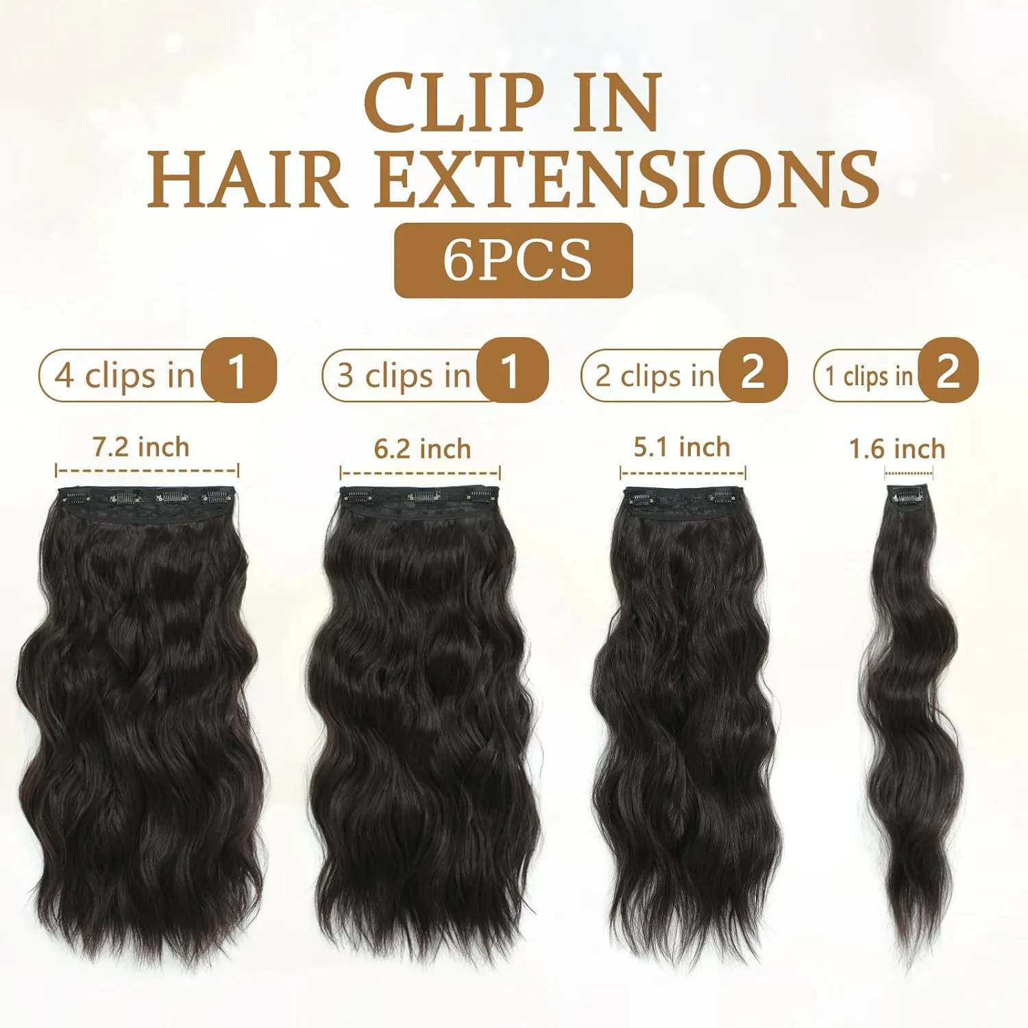 Clip in Hair Extensions for Women, 6PCS Long Wavy Curly Clip on Hair Extensions 16 Inch Dark Brown Synthetic Hairpieces