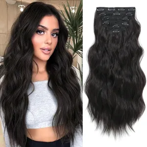 Clip in Hair Extensions for Women, 6PCS Long Wavy Curly Clip on Hair Extensions 16 Inch Dark Brown Synthetic Hairpieces
