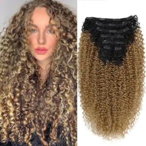 Clip In Hair Extensions - Synthetic hair Black Honey Blonde Clip in Hair Extensions Jerry Curly Extensions for Black Women Clip In Extensions Hairpieces (T1B/27# 24 Inch)(Pack of 7)