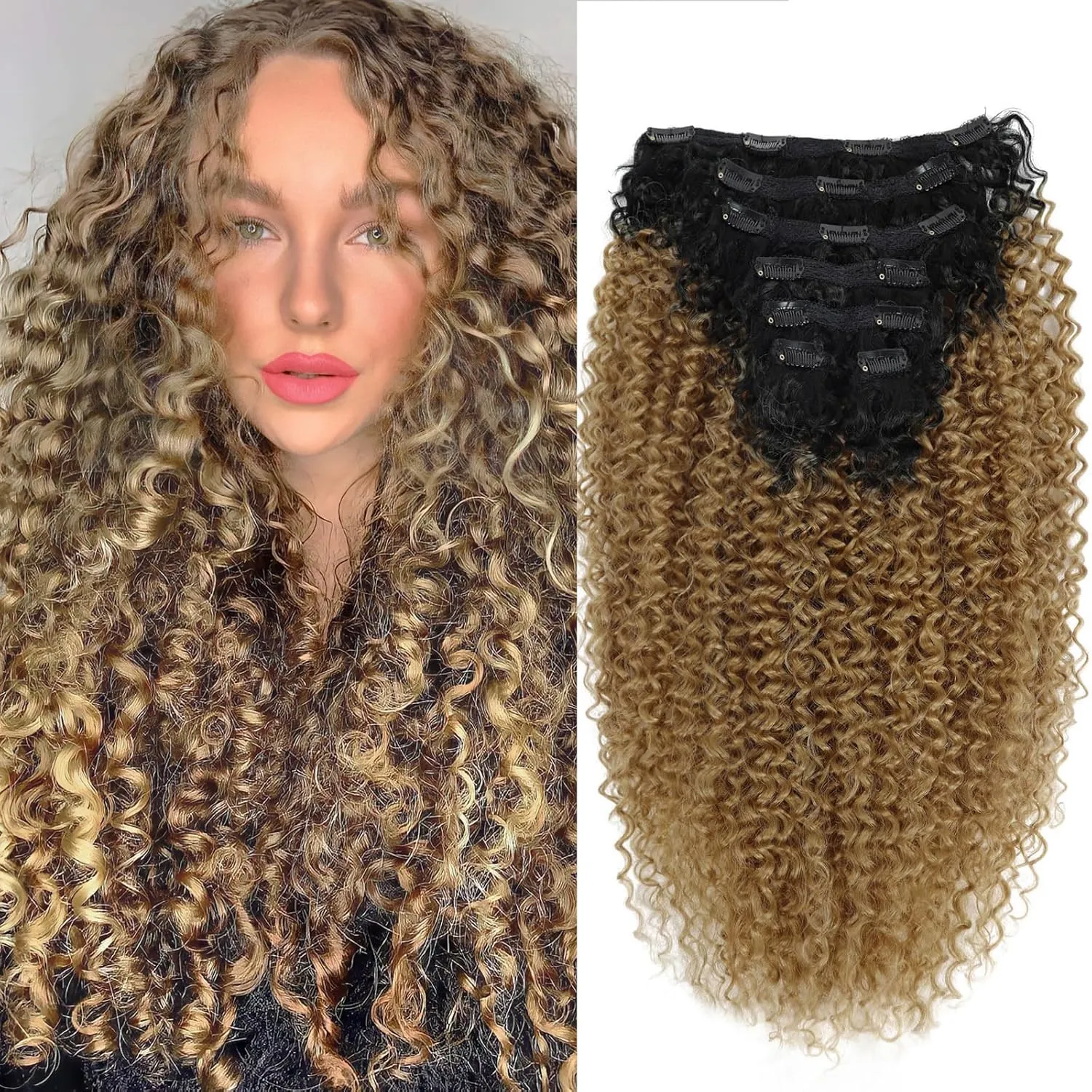 Clip In Hair Extensions - Synthetic hair Black Honey Blonde Clip in Hair Extensions Jerry Curly Extensions for Black Women Clip In Extensions Hairpieces (T1B/27# 24 Inch)(Pack of 7)