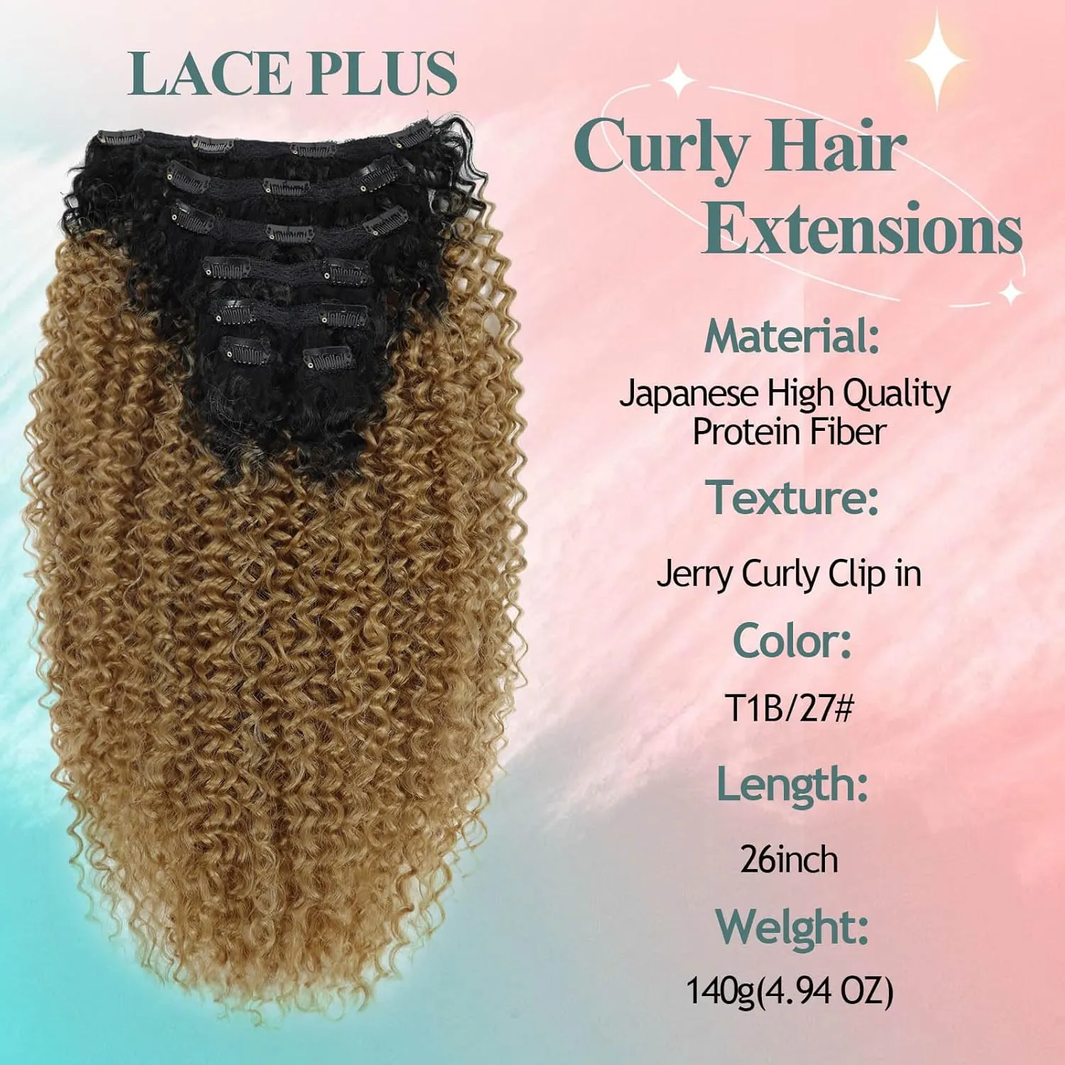 Clip In Hair Extensions - Synthetic hair Black Honey Blonde Clip in Hair Extensions Jerry Curly Extensions for Black Women Clip In Extensions Hairpieces (T1B/27# 24 Inch)(Pack of 7)