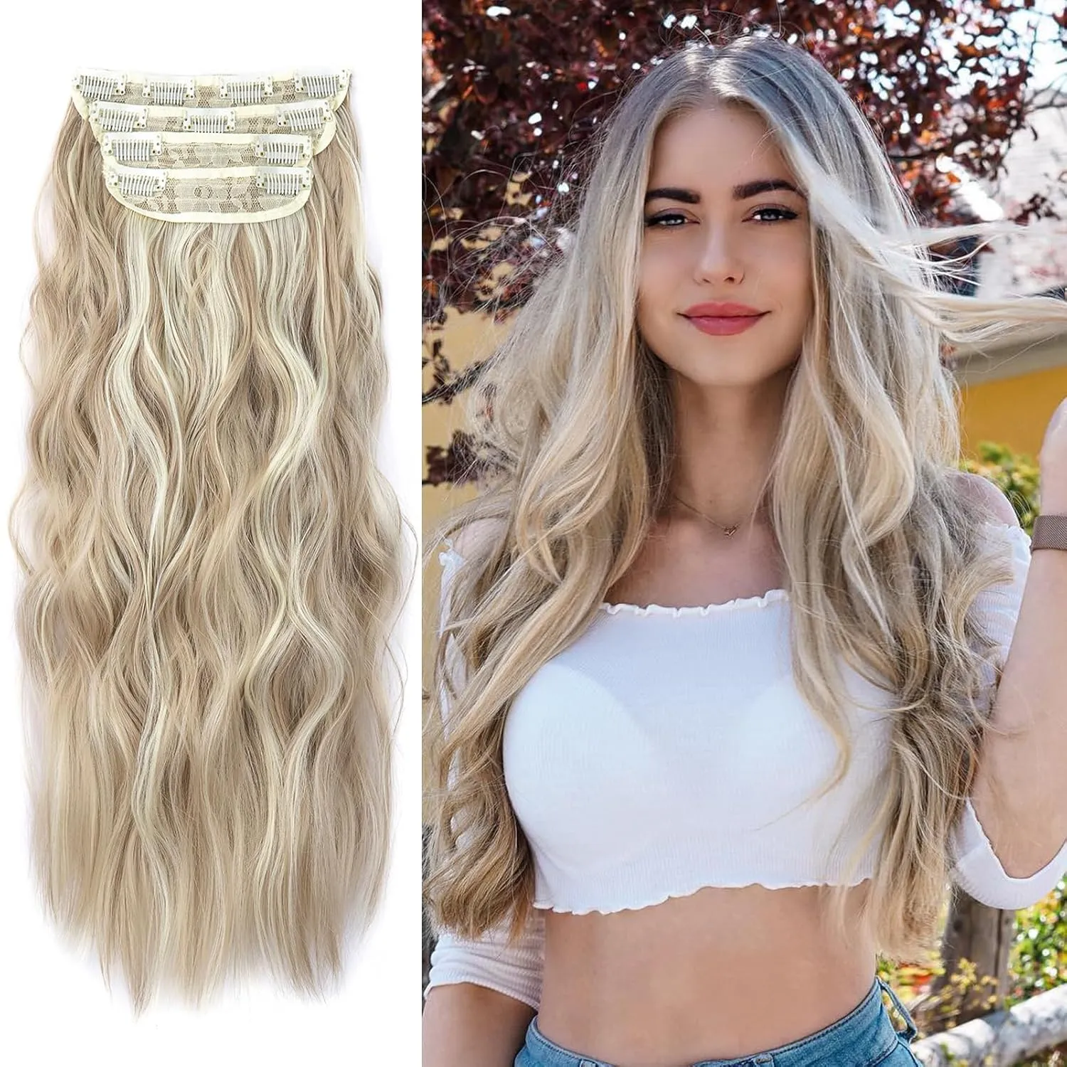Clip in Long Wavy Hair Extensions Naturally Thick Hairpieces Dark Ash Blonde Mixed Bleach Blonde Double Weft Synthetic Hair Extensions for Women (20Inch, 4Pcs, #16H613)