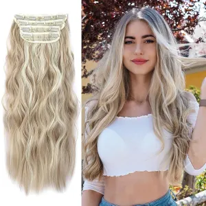 Clip in Long Wavy Hair Extensions Naturally Thick Hairpieces Dark Ash Blonde Mixed Bleach Blonde Double Weft Synthetic Hair Extensions for Women (20Inch, 4Pcs, #16H613)