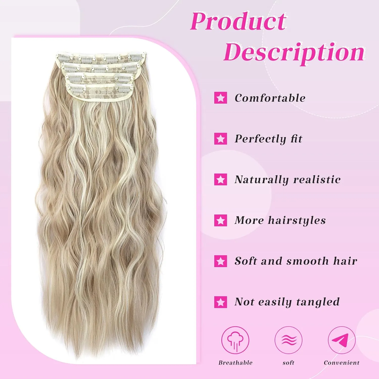 Clip in Long Wavy Hair Extensions Naturally Thick Hairpieces Dark Ash Blonde Mixed Bleach Blonde Double Weft Synthetic Hair Extensions for Women (20Inch, 4Pcs, #16H613)