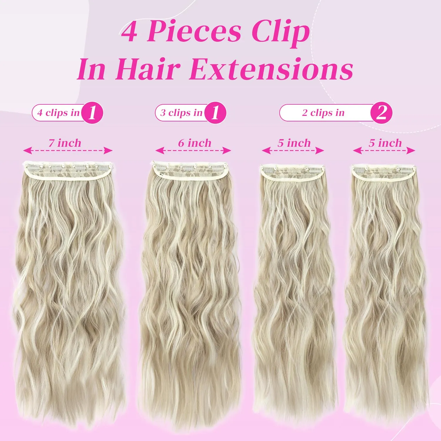 Clip in Long Wavy Hair Extensions Naturally Thick Hairpieces Dark Ash Blonde Mixed Bleach Blonde Double Weft Synthetic Hair Extensions for Women (20Inch, 4Pcs, #16H613)