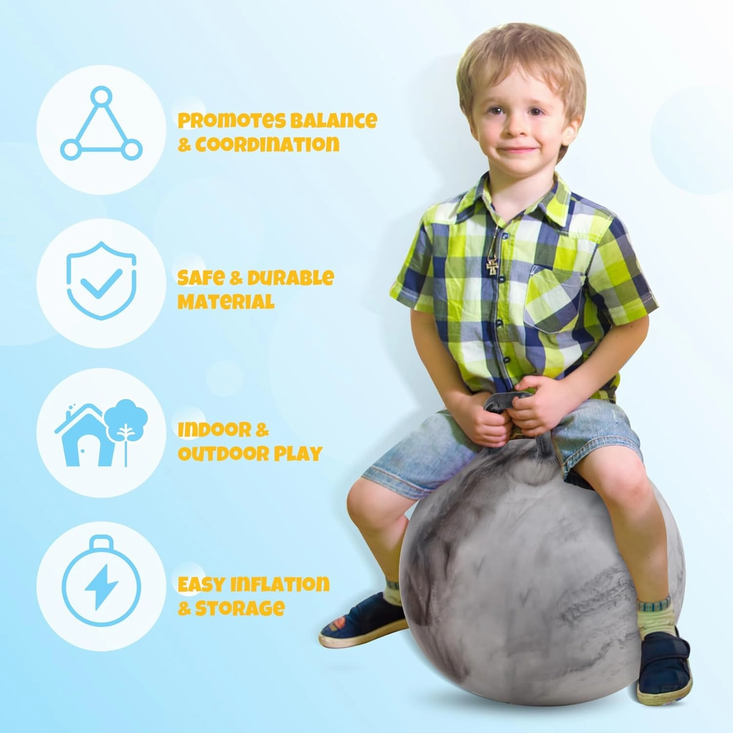 Clouds Hopper Ball for Kids,18 Inch Bouncy Ball with Handle,Inflatable Hopping Toys for Boys Girls Aged 3-8, Indoor Outdoor Jumping Toys Gift with Pump
