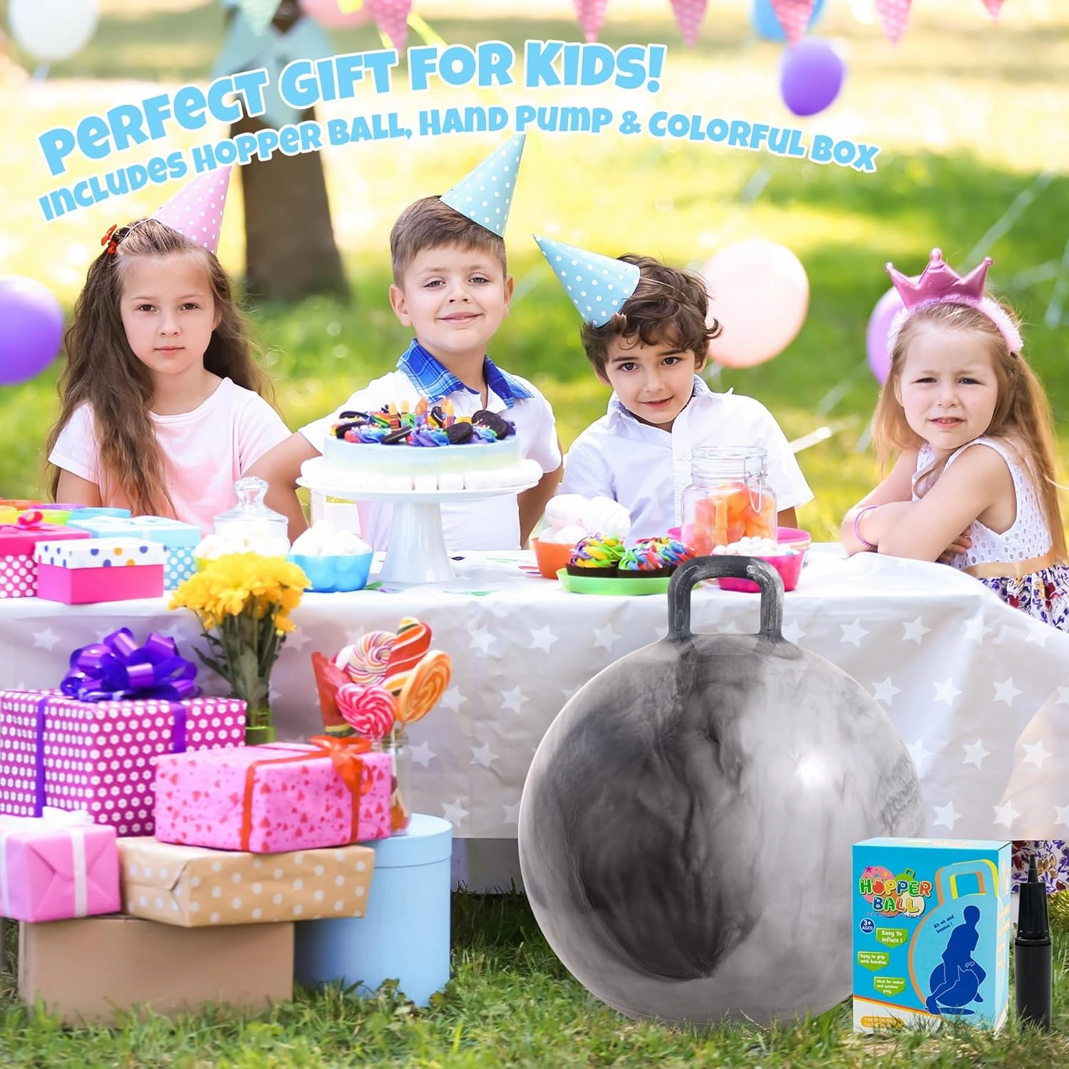 Clouds Hopper Ball for Kids,18 Inch Bouncy Ball with Handle,Inflatable Hopping Toys for Boys Girls Aged 3-8, Indoor Outdoor Jumping Toys Gift with Pump