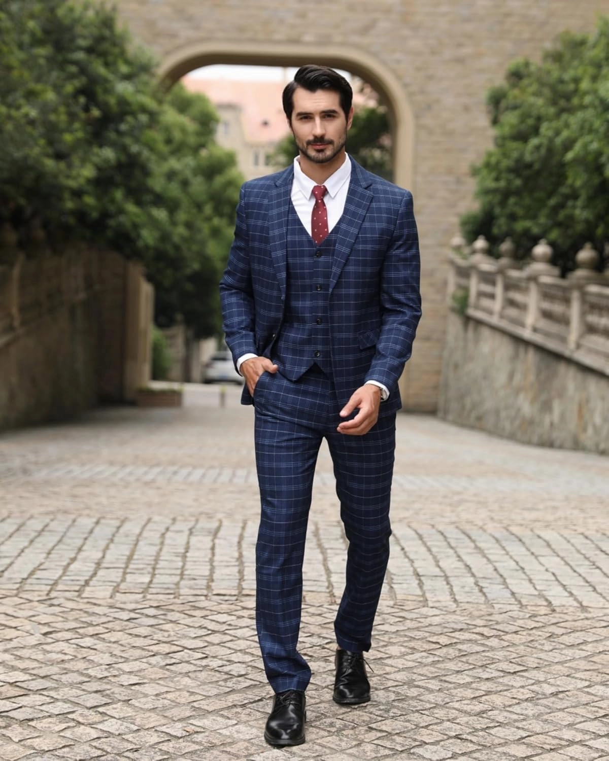 Cloudstyle Mens 3 Piece Slim fit Checked Suit Blue/Black Single Breasted Vintage Suits
