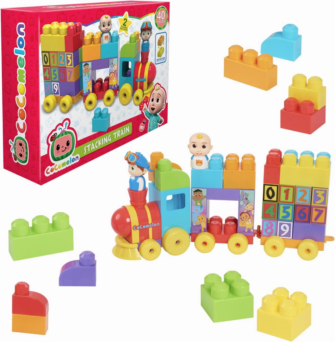 CoComelon, GIOCHI PREZIOSI CCM07 Train Set with 2 Figures, 40 Pieces, Brick Construction, Toy for Children from 18 Months