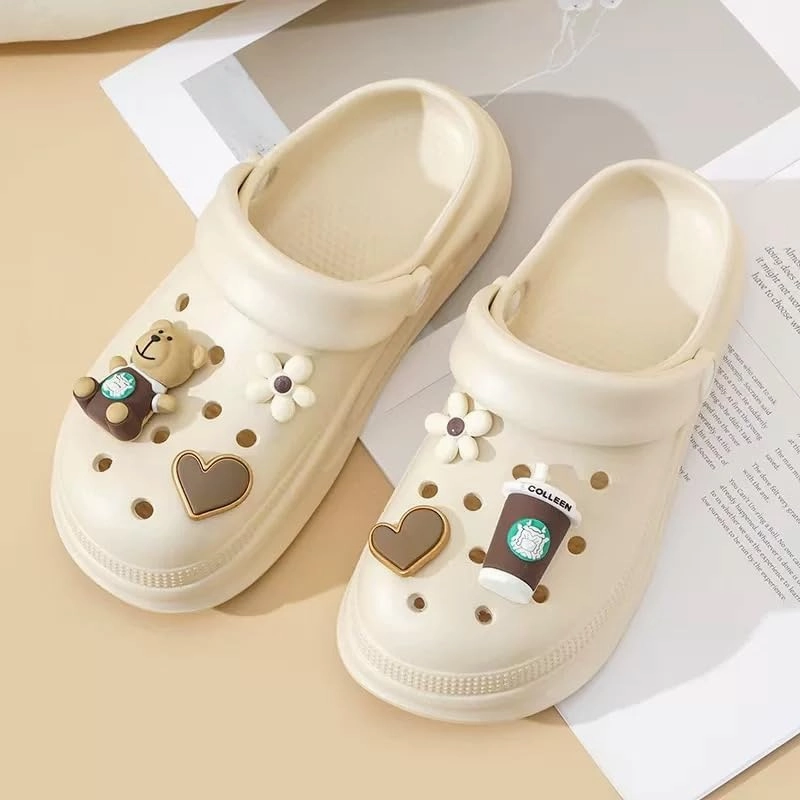 Coffee Theme Clogs, Decorative Heart and Bear Charms, Ventilated Garden Shoes, Beige