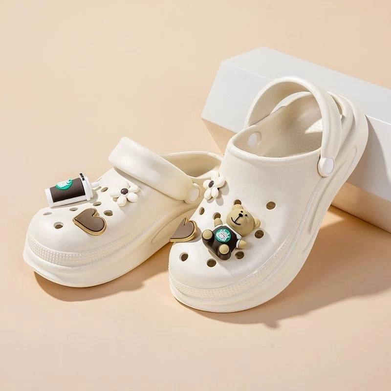 Coffee Theme Clogs, Decorative Heart and Bear Charms, Ventilated Garden Shoes, Beige