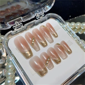 Coffin Long Handmade Nails Blush Cat Eyes Press on Nails Shiny French Tips Nail Art Decoration for Women and Girls Manicure 10pcs (M)