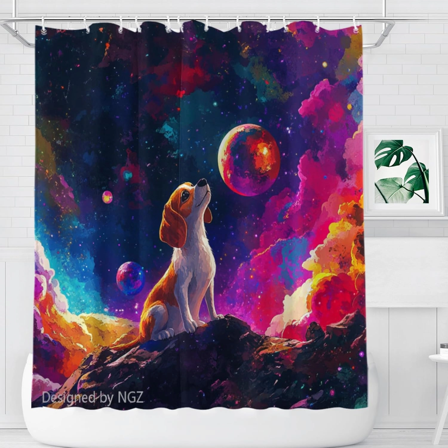 Colorful Cute Beagle Shower Curtain, Galaxy Space Curtain, 72x72 Inches Shower Curtains for Bathroom, Snow Fabric Bath Curtains Set with 12 Hooks