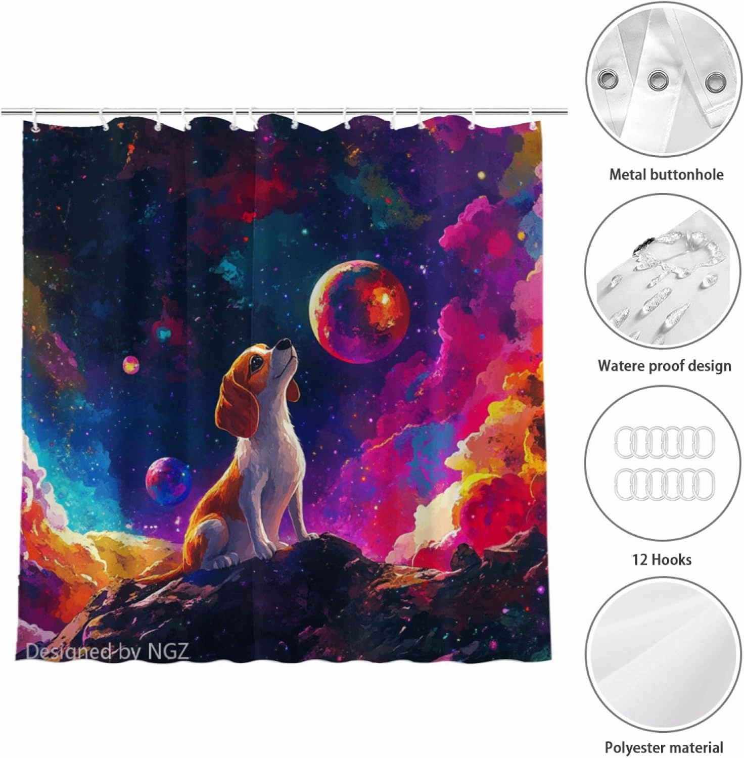 Colorful Cute Beagle Shower Curtain, Galaxy Space Curtain, 72x72 Inches Shower Curtains for Bathroom, Snow Fabric Bath Curtains Set with 12 Hooks