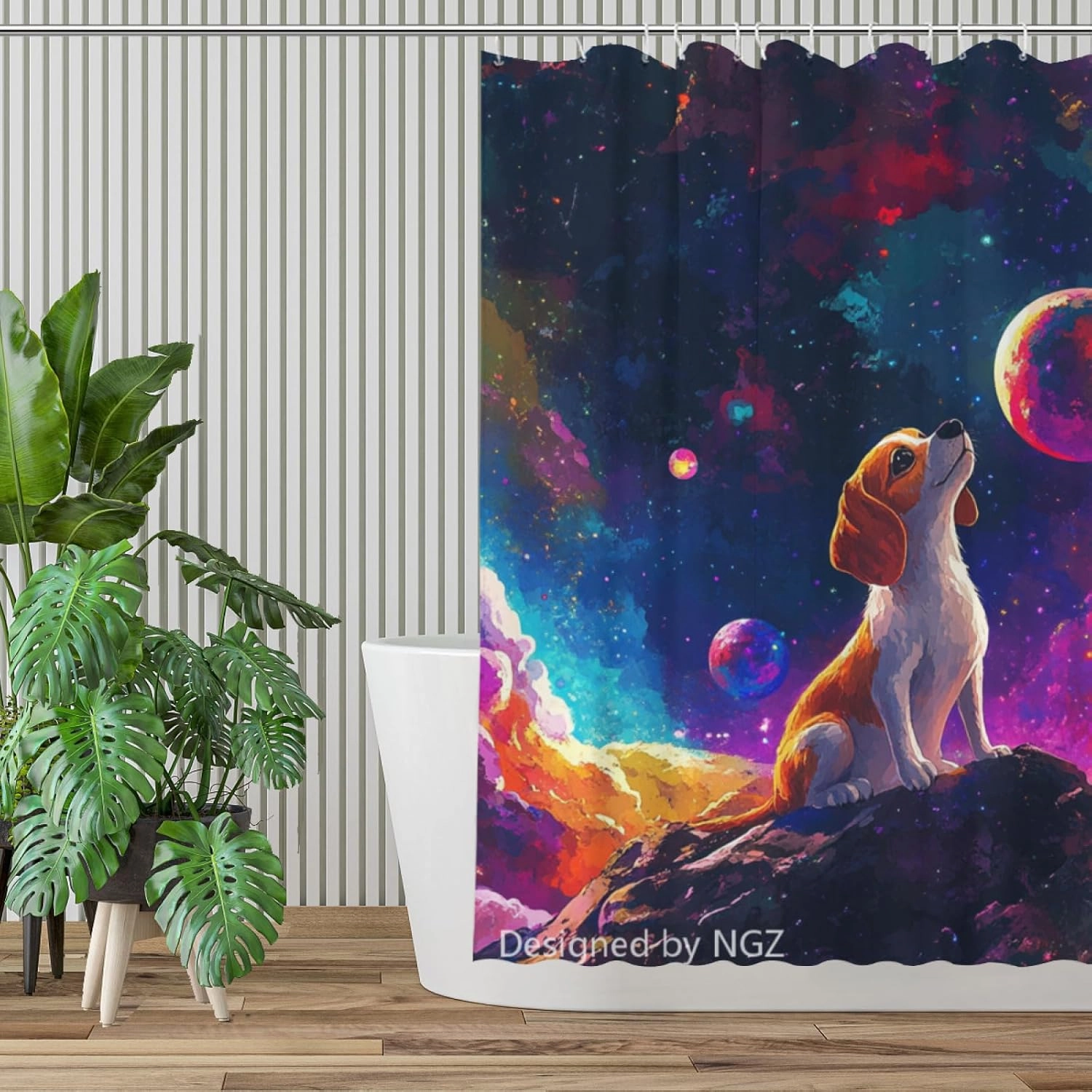 Colorful Cute Beagle Shower Curtain, Galaxy Space Curtain, 72x72 Inches Shower Curtains for Bathroom, Snow Fabric Bath Curtains Set with 12 Hooks