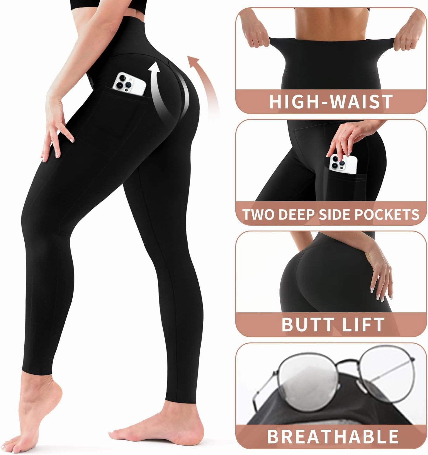 COOLOVER 4 Pack Leggings with Pockets for Women, Soft High Waisted Tummy Control Workout Yoga Pants