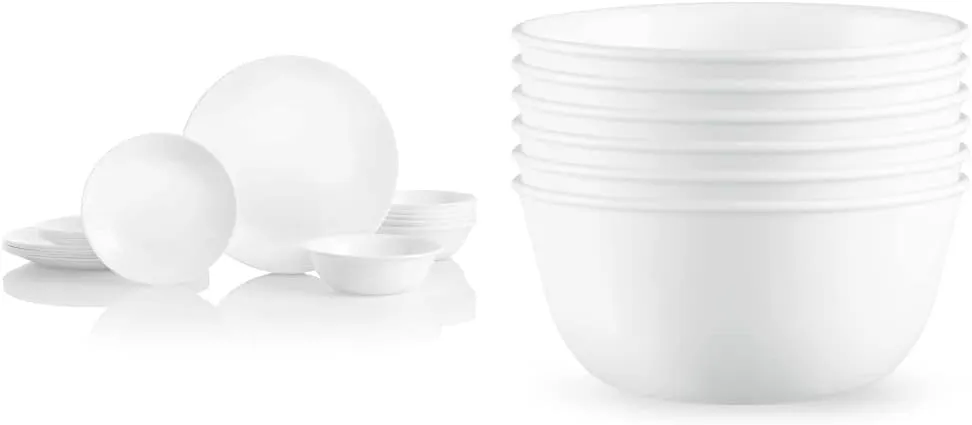Corelle Vitrelle 18-Piece Service for 6 Dinnerware Set, Winter Frost White & Vitrelle 28-oz Soup/Cereal Bowls Set of 6, Chip & Crack Resistant Dinnerware Bowls, Winter Frost White