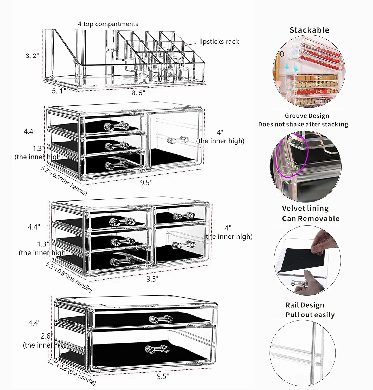 Cq acrylic Makeup Organizer Skin Care Large Clear Cosmetic Display Cases Stackable Storage Box With 11 Drawers For Vanity,Set of 4