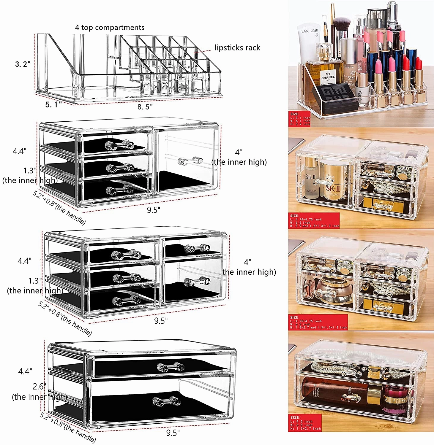 Cq acrylic Makeup Organizer Skin Care Large Clear Cosmetic Display Cases Stackable Storage Box With 11 Drawers For Vanity,Set of 4