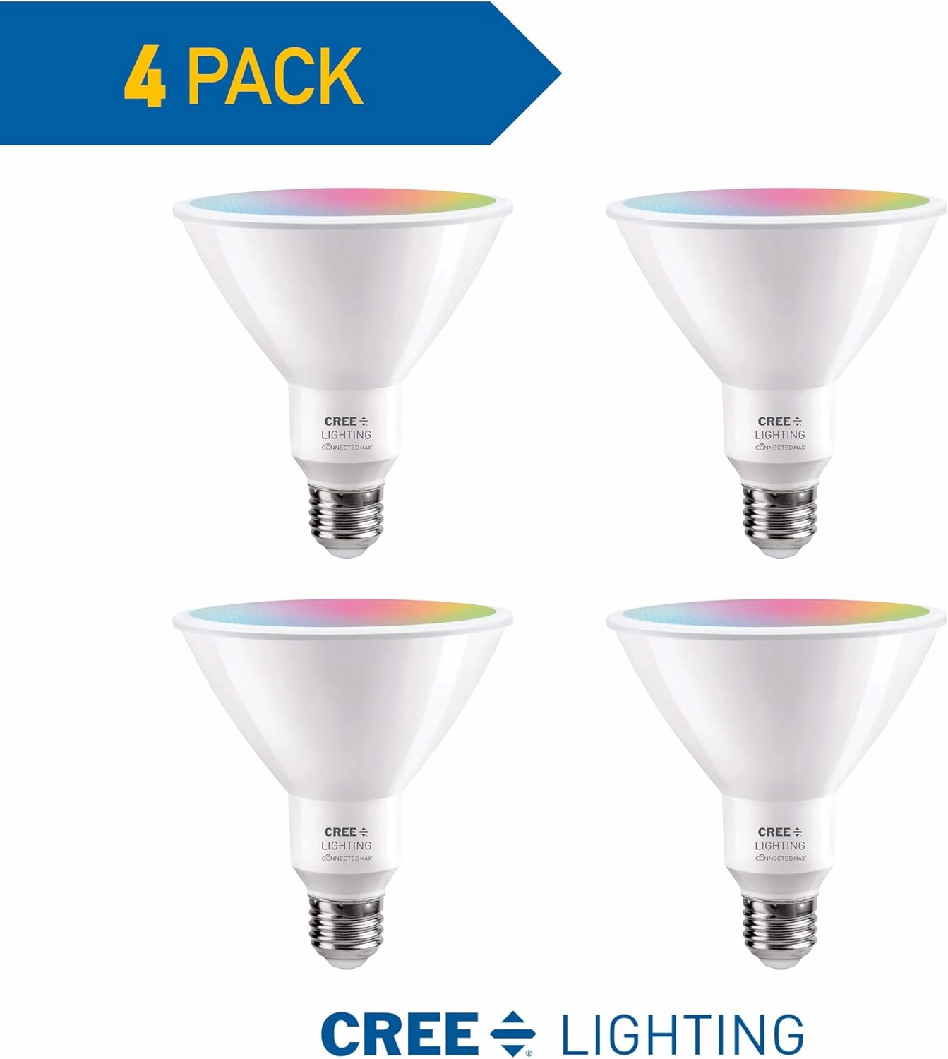 Cree Lighting Connected Max Smart Led Bulb Par38 Outdoor Flood Tunable White   Color Changing, 2.4 Ghz, Compatible with Alexa and Google Home, No Hub Required, Bluetooth   WiFi, Pack of 4