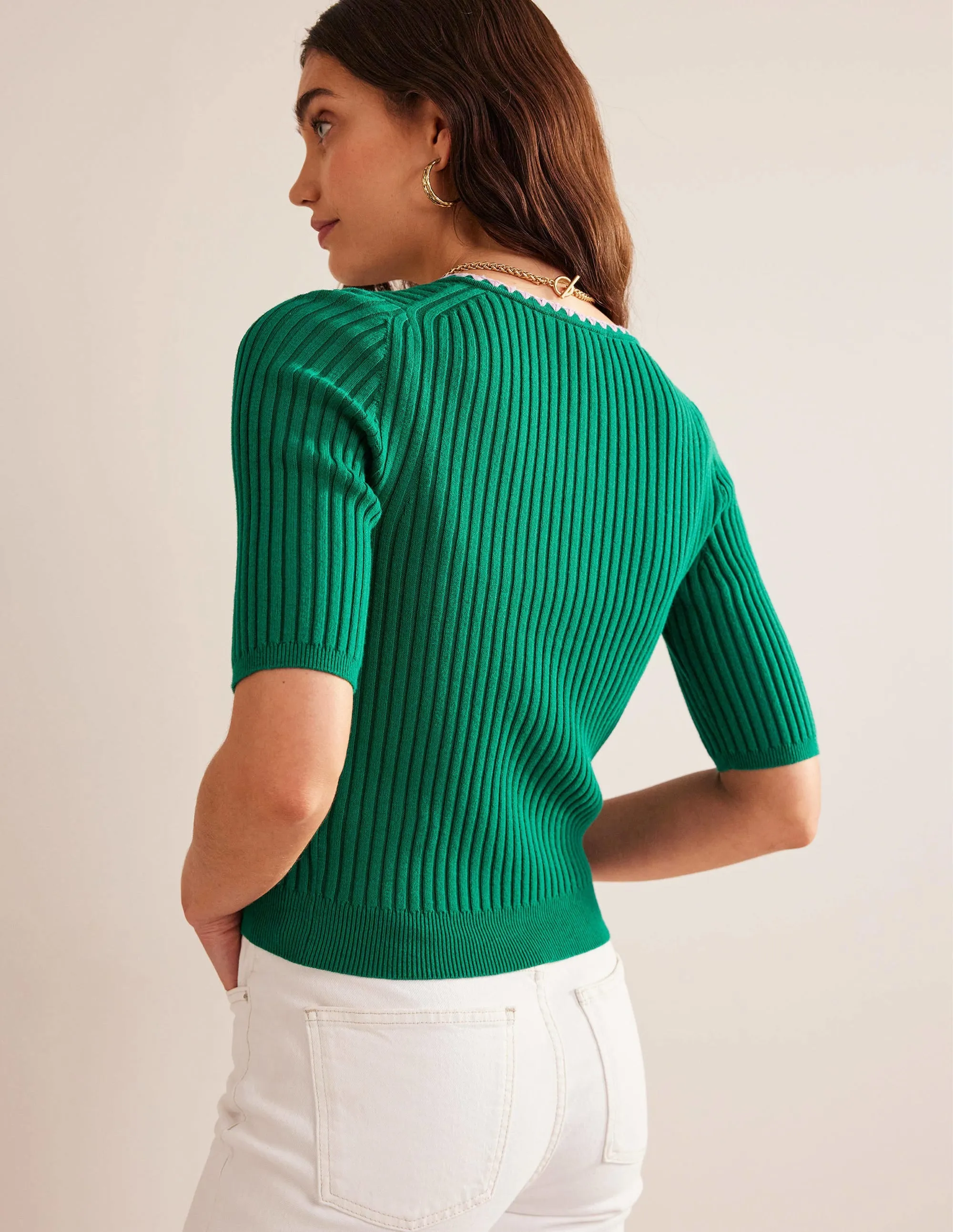 Crochet-Trim Ribbed Cardigan-Bright Emerald