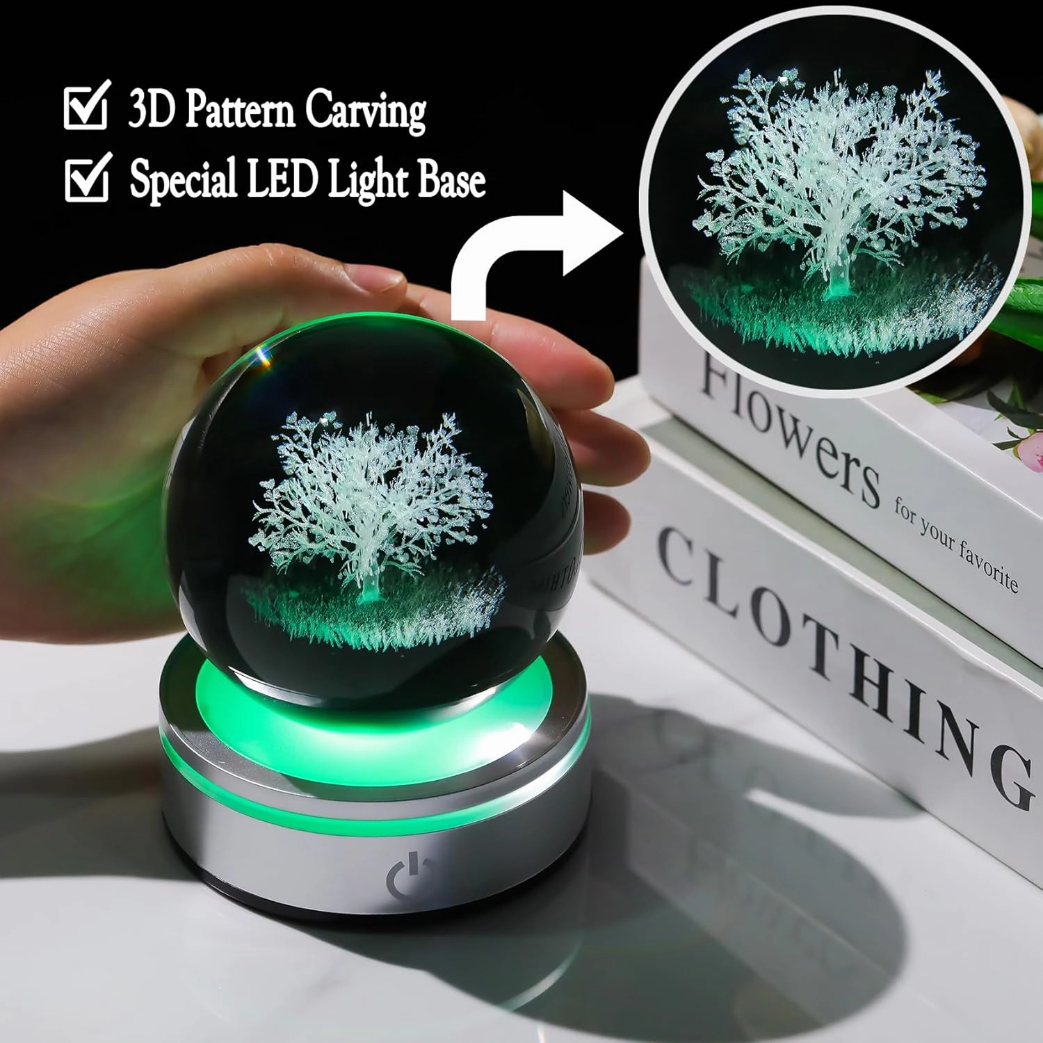 Crystal 3D Tree of Life 3.15in Ball Figurine Gifts for Her, Glass Plant Art Sphere for Room with LED Light Base for Men, Collectible Keepsake for Tree Lovers Home Decor Paperweight