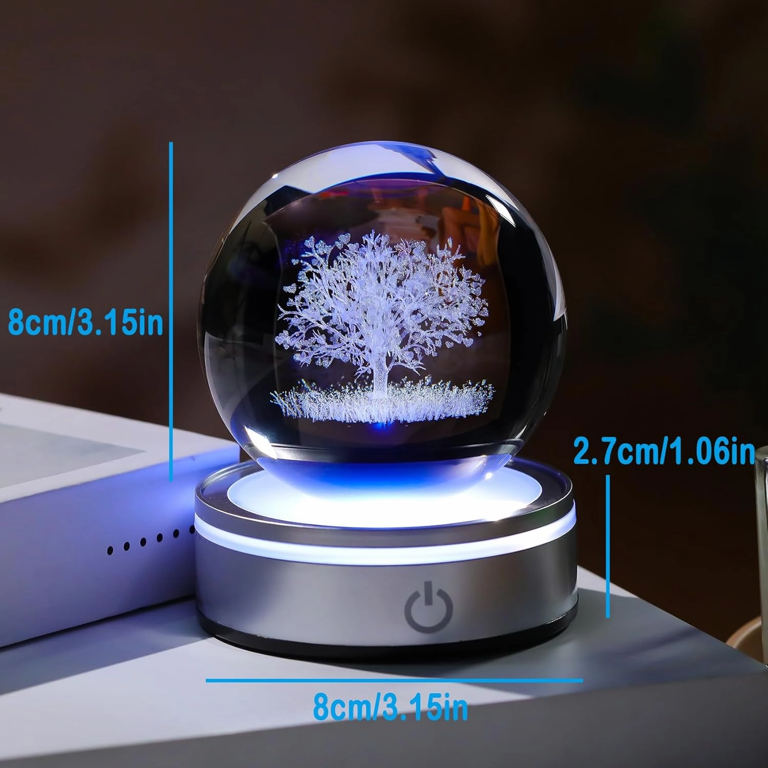 Crystal 3D Tree of Life 3.15in Ball Figurine Gifts for Her, Glass Plant Art Sphere for Room with LED Light Base for Men, Collectible Keepsake for Tree Lovers Home Decor Paperweight
