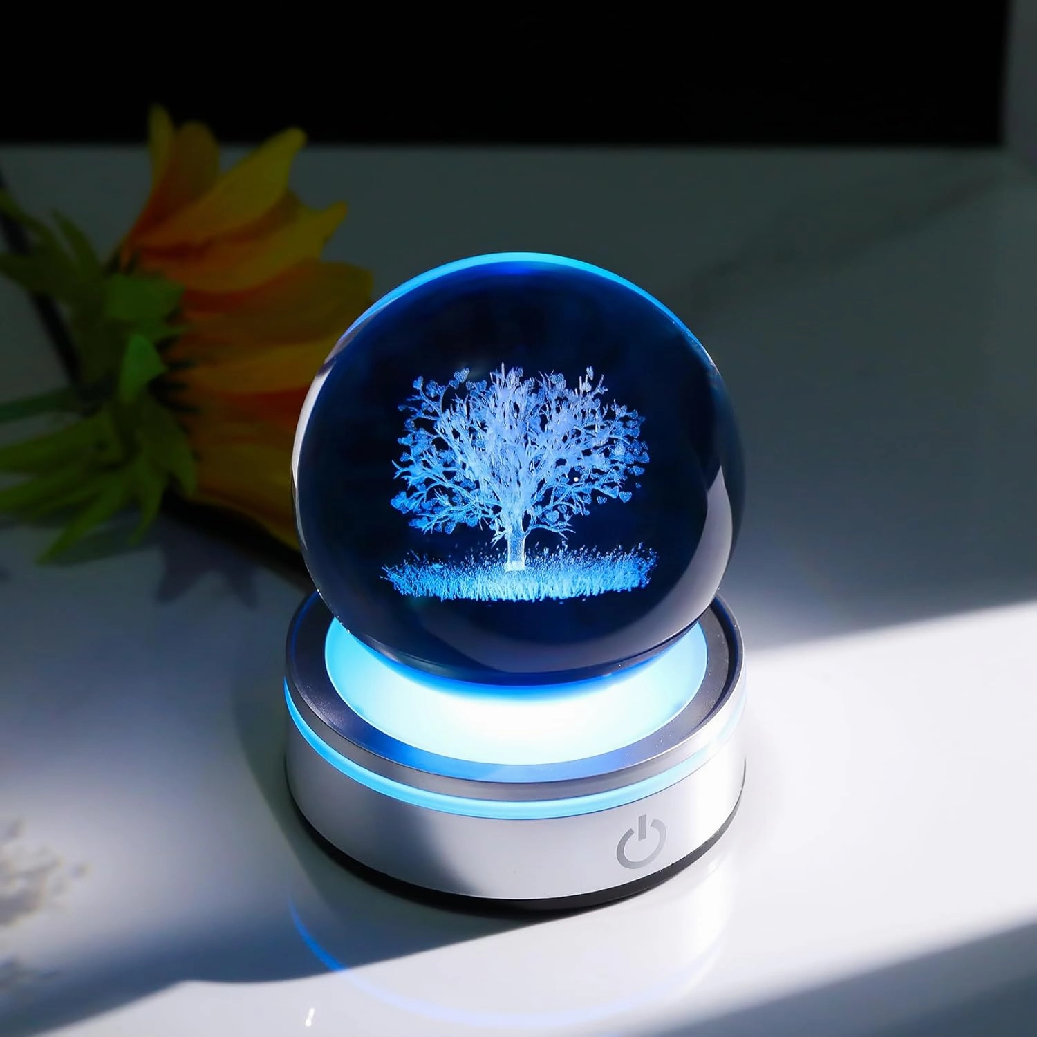 Crystal 3D Tree of Life 3.15in Ball Figurine Gifts for Her, Glass Plant Art Sphere for Room with LED Light Base for Men, Collectible Keepsake for Tree Lovers Home Decor Paperweight