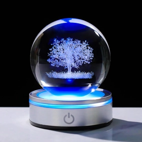 Crystal 3D Tree of Life 3.15in Ball Figurine Gifts for Her, Glass Plant Art Sphere for Room with LED Light Base for Men, Collectible Keepsake for Tree Lovers Home Decor Paperweight