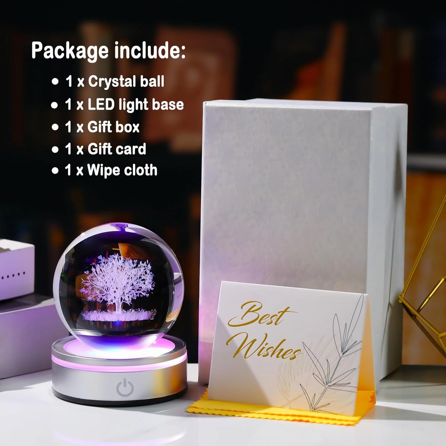 Crystal 3D Tree of Life 3.15in Ball Figurine Gifts for Her, Glass Plant Art Sphere for Room with LED Light Base for Men, Collectible Keepsake for Tree Lovers Home Decor Paperweight
