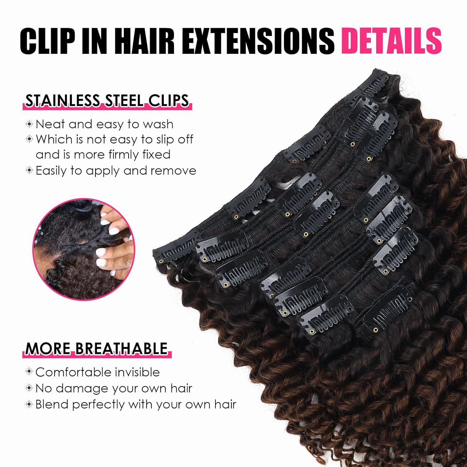 Curly Clip in Hair Extensions Real Human Hair 3C 4A Kinky Curly Clip ins for Black Women Double Weft Ombre Brown Hair Extensions 7Pcs 120g 14 Inch 1BT4