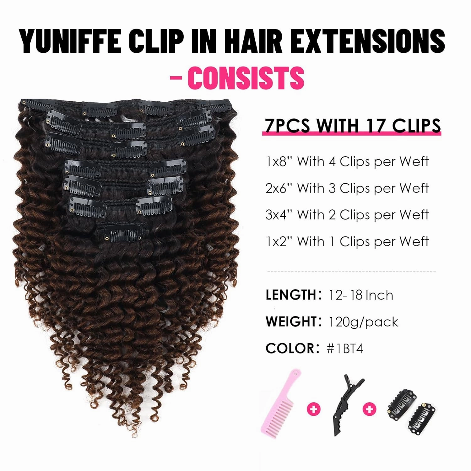 Curly Clip in Hair Extensions Real Human Hair 3C 4A Kinky Curly Clip ins for Black Women Double Weft Ombre Brown Hair Extensions 7Pcs 120g 14 Inch 1BT4