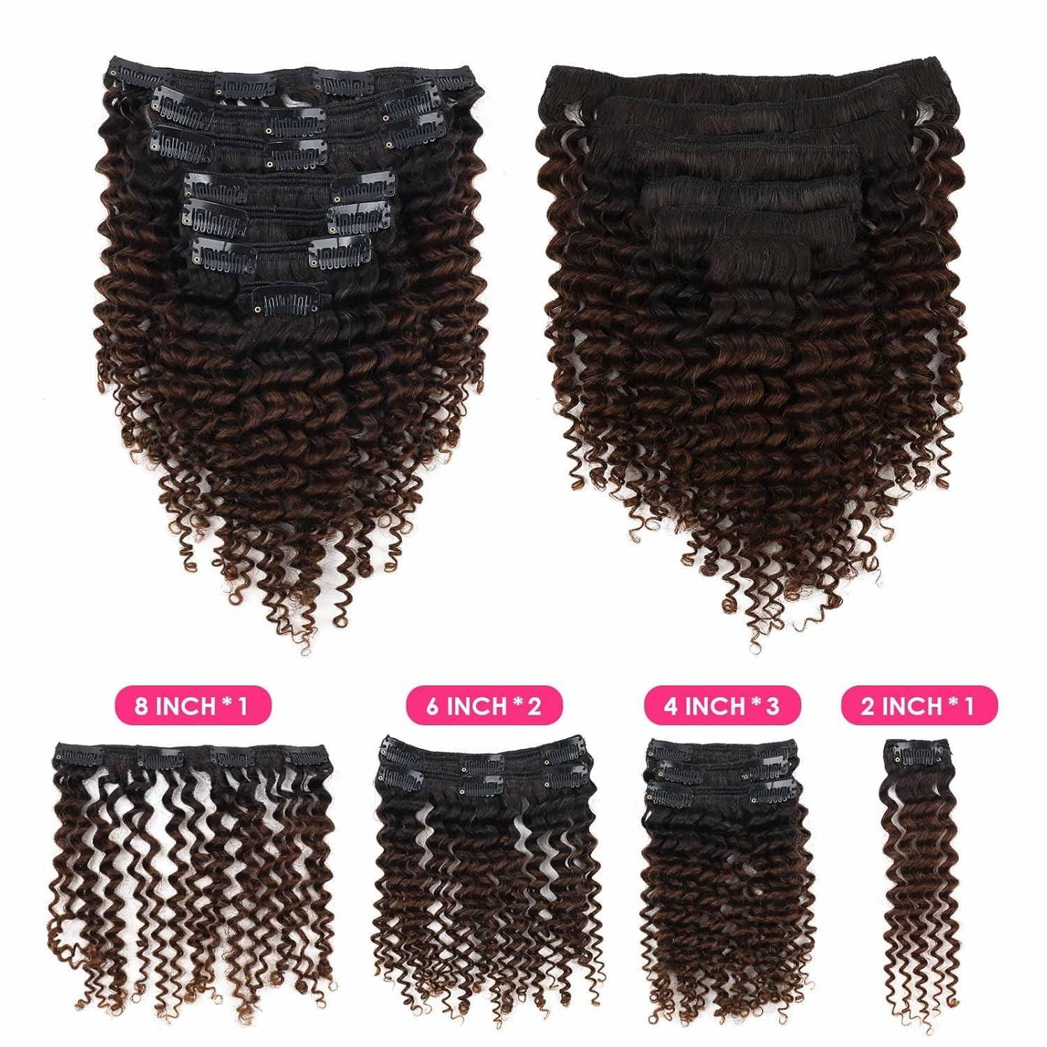 Curly Clip in Hair Extensions Real Human Hair 3C 4A Kinky Curly Clip ins for Black Women Double Weft Ombre Brown Hair Extensions 7Pcs 120g 14 Inch 1BT4
