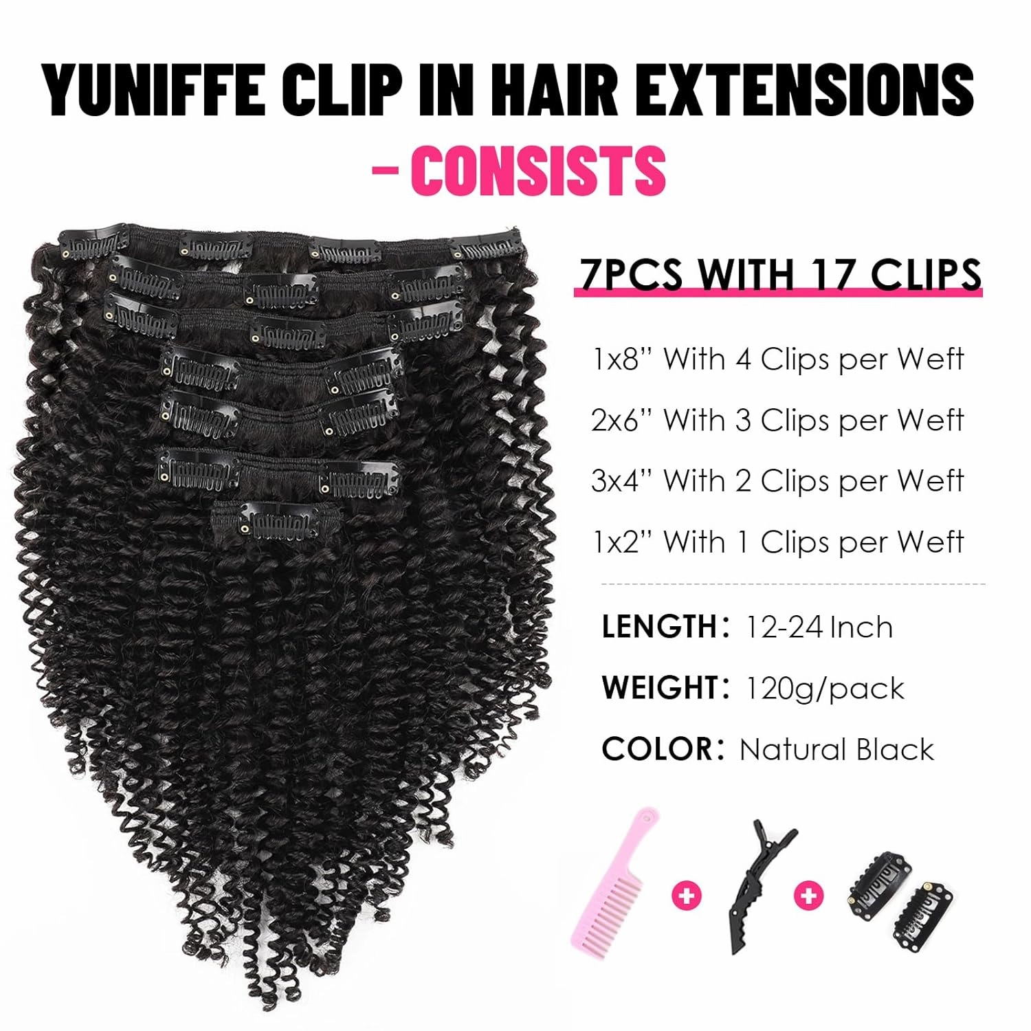 Curly Clip in Hair Extensions Real Human Hair Kinky Curly Clip ins for Black Women Remy Human Hair Clip in Extensions 120g 7Pcs Full Head Double Weft Hair Extensions Natural Black 14 Inch