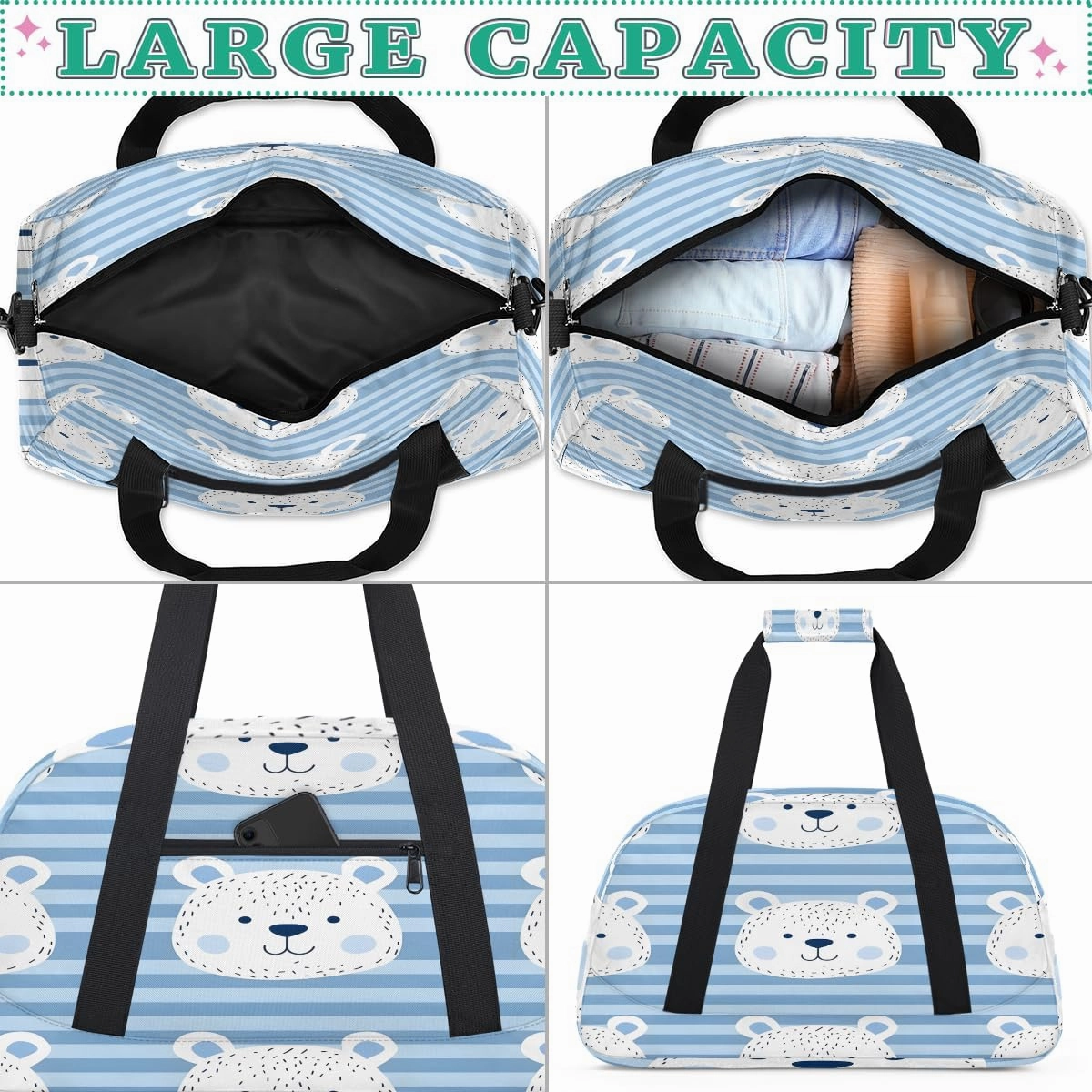 Cute Bears Grid Kids Overnighter Duffel Bags for Boys, Carry-On Size Sports Gym Bag with Front Zipper Pocket for School Practice or Overnight Travel Weekender Sleepover Tote Bag