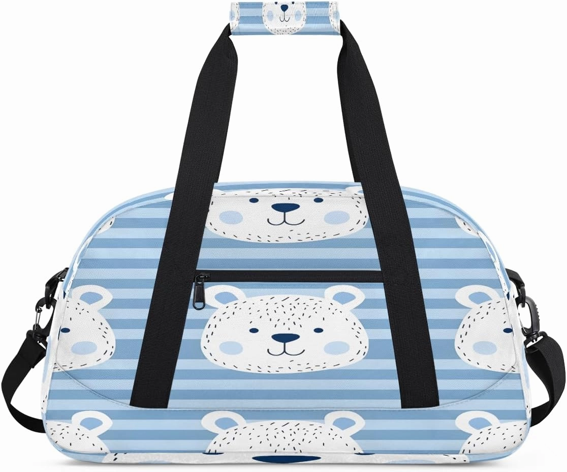 Cute Bears Grid Kids Overnighter Duffel Bags for Boys, Carry-On Size Sports Gym Bag with Front Zipper Pocket for School Practice or Overnight Travel Weekender Sleepover Tote Bag